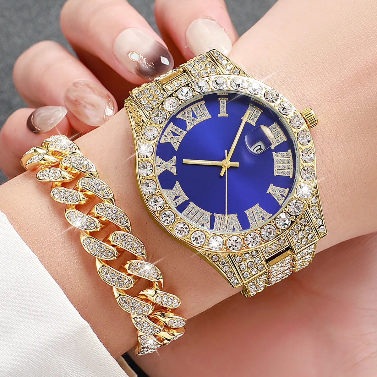 2PCS Luxury Rhinestone Men Watches Fashion Stainless Steel Band Male's Analog Quartz Watch Bracelet Set Relogios Masculino