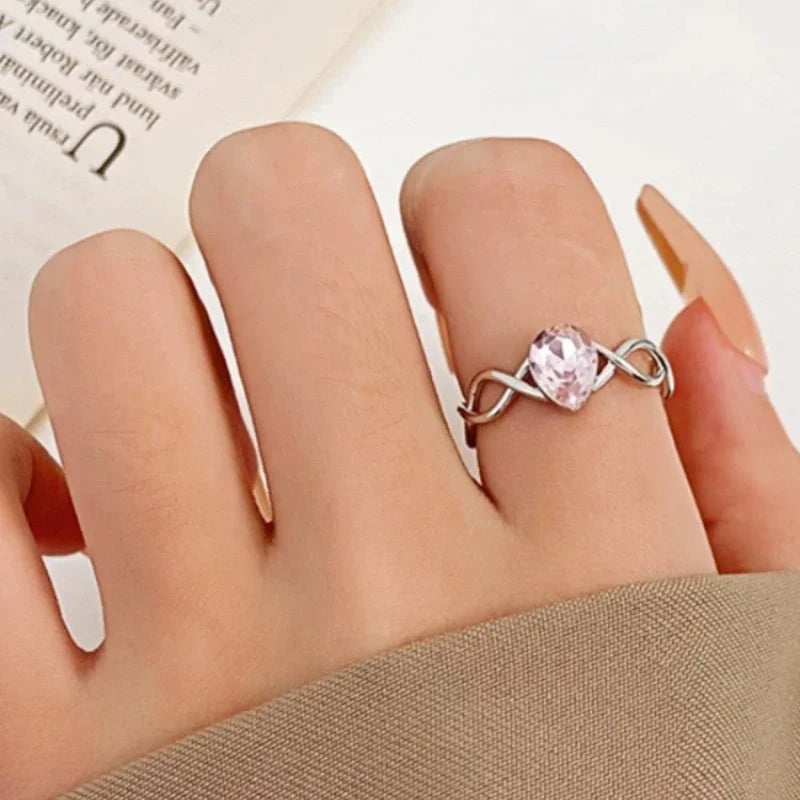 Princess Pink Crystal Rings for Woman Girls Fairy Water Drop Open Ring Fashion Party Wedding Jewelry Gift Sweet Finger Rings