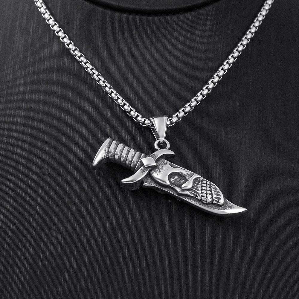 Men's Necklace Stainless Steel Dagger Skull Pendant Vintage hip-hop Jewelry Silver Color Male Neck Chain Punk Jewelry Wholesale
