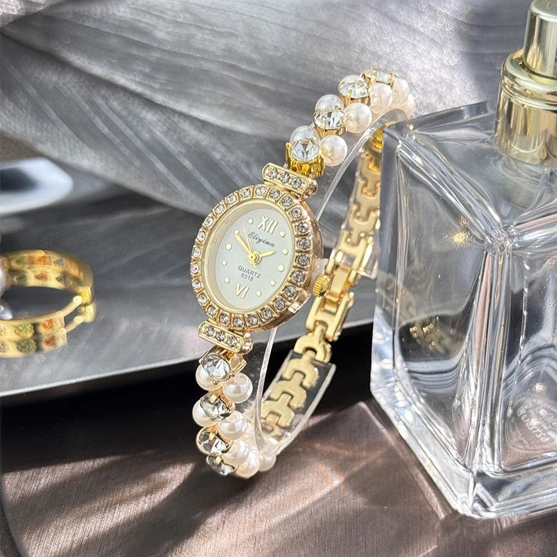 New Hot Pearl Bracelet Watch Luxury Diamond Encrusted Women Quartz Watch Oval Dial Ladies Wristwatches Dropshipping clock