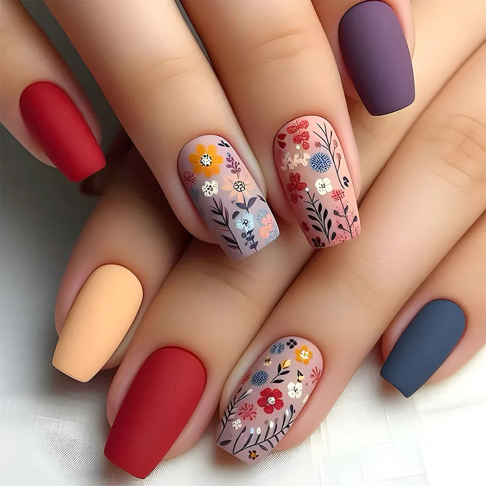 24pcs Mini Flower Press on Nails with Glue Painting Floral Acrylic Fake Nails Spring Design Short Square False Nails for Girls