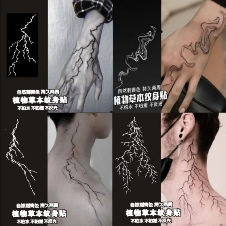 Herbal Tattoo Stickers for Man Women Wrist Punk Minimalist Line Lightning Temporary Tattoos Waterproof Blood Vessel Fake Tattoo
