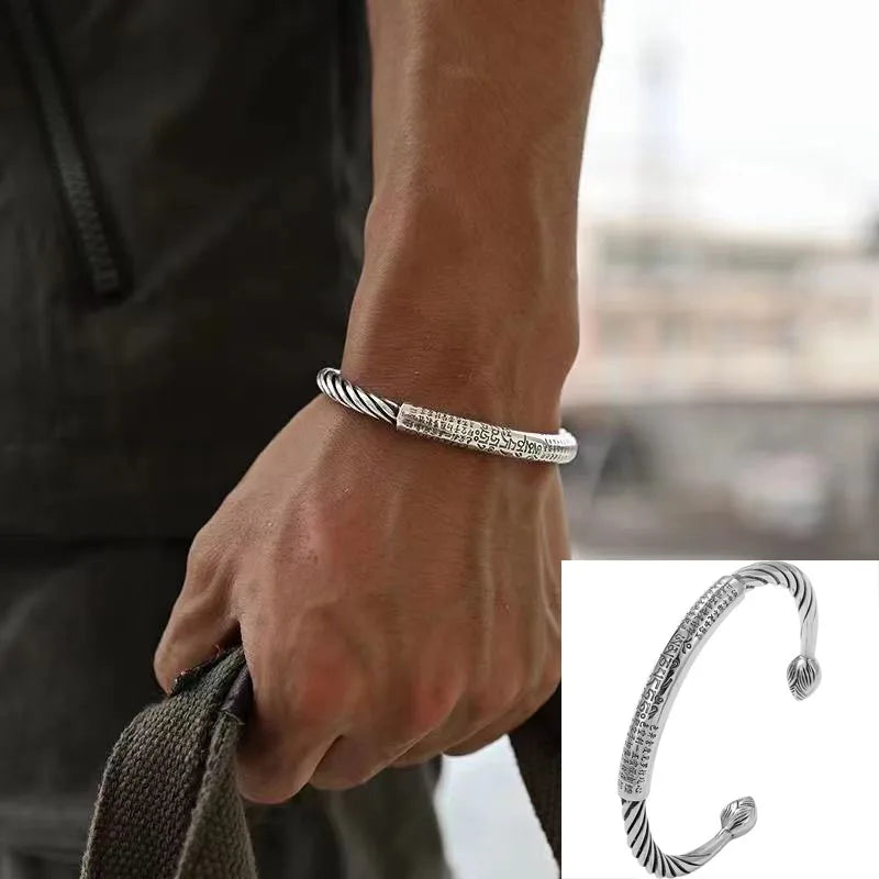 Silver-Plated Retro Six-Character Mantra Bracelet Men\\'s Heart Sutra Cuff Bangles Buddhist Religion Lucky Amulet Jewelry