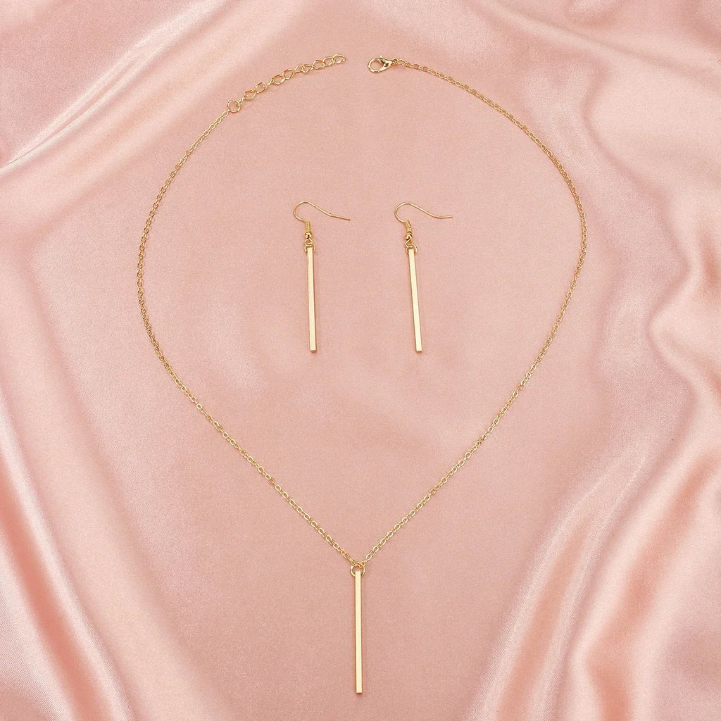 Elegant Gold Stick Jewelry Sets for Women Pendant Necklace Drop Earring Simlpe Adjustable Geometry Wedding Jewelry