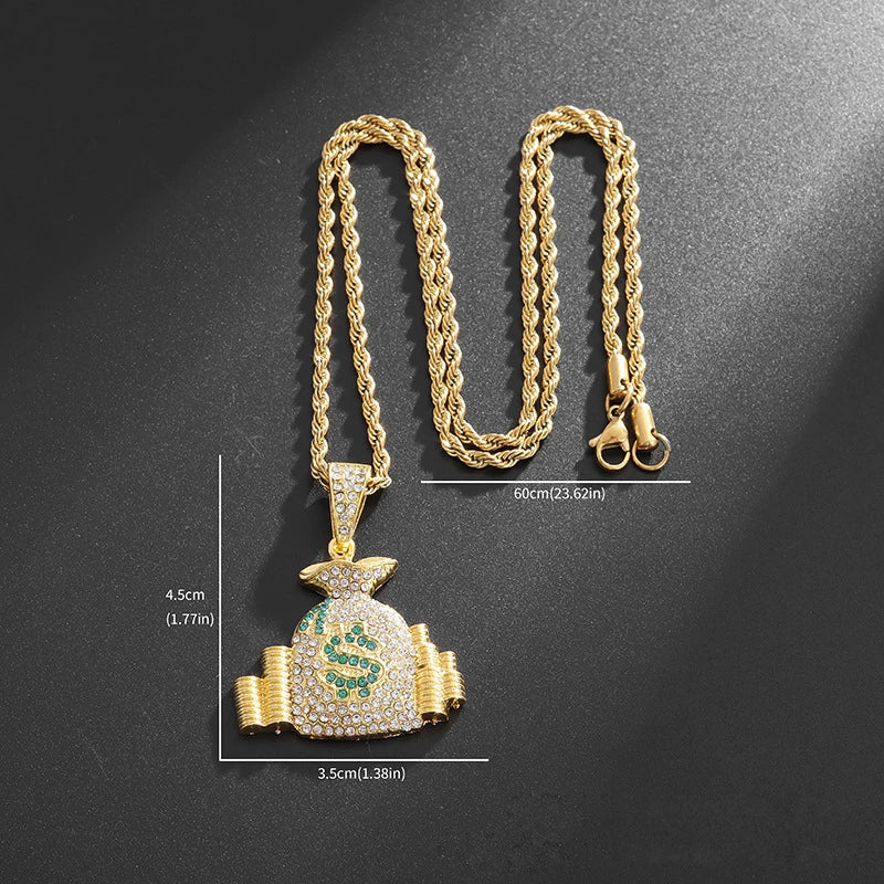 Money Bag Pendant Necklace With Rope Chain Gold Color Hip Hop Punk Bling Iced Out Zircon Cool Men's Rock Biker Neck Jewelry Gift