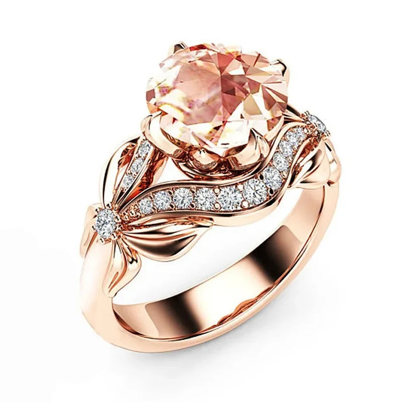 Dazzling Rose Gold Color Metal Flower Round Rose Stone Ring Luxury Party Engagement Wedding Rings for Women Jewelry