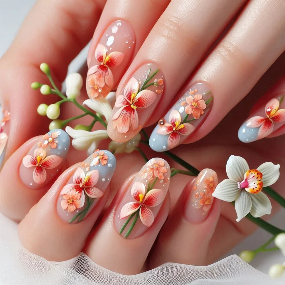 24Pcs Almond Head Press on Nails Fashionable Nail Art Colorful Gradient Flowers False Nails Dreamy Summer Nails Fun Fake Nail
