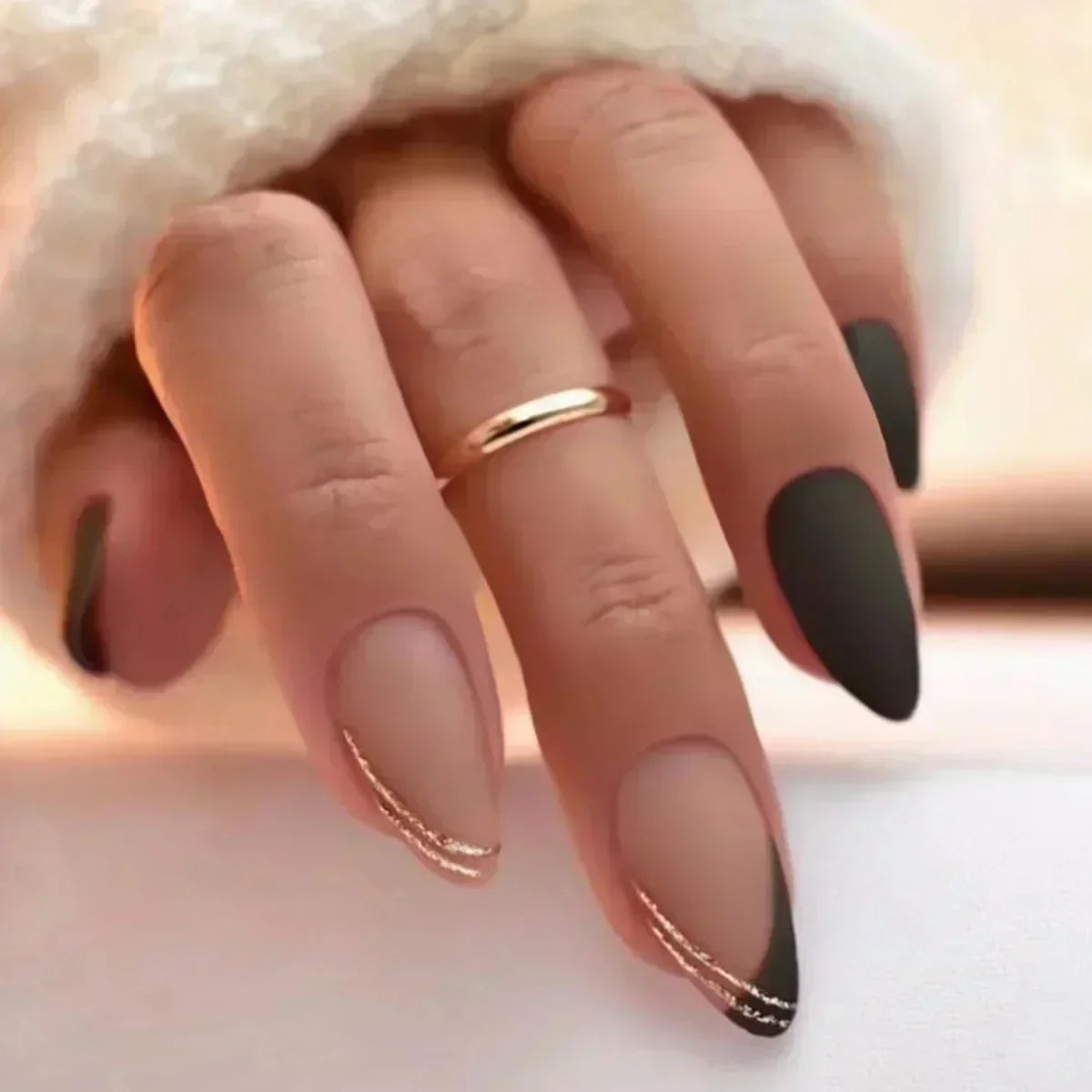 24pcs winter fall leaves brown black false nails with almond French artificial nails with glue short stiletto fake press on nail