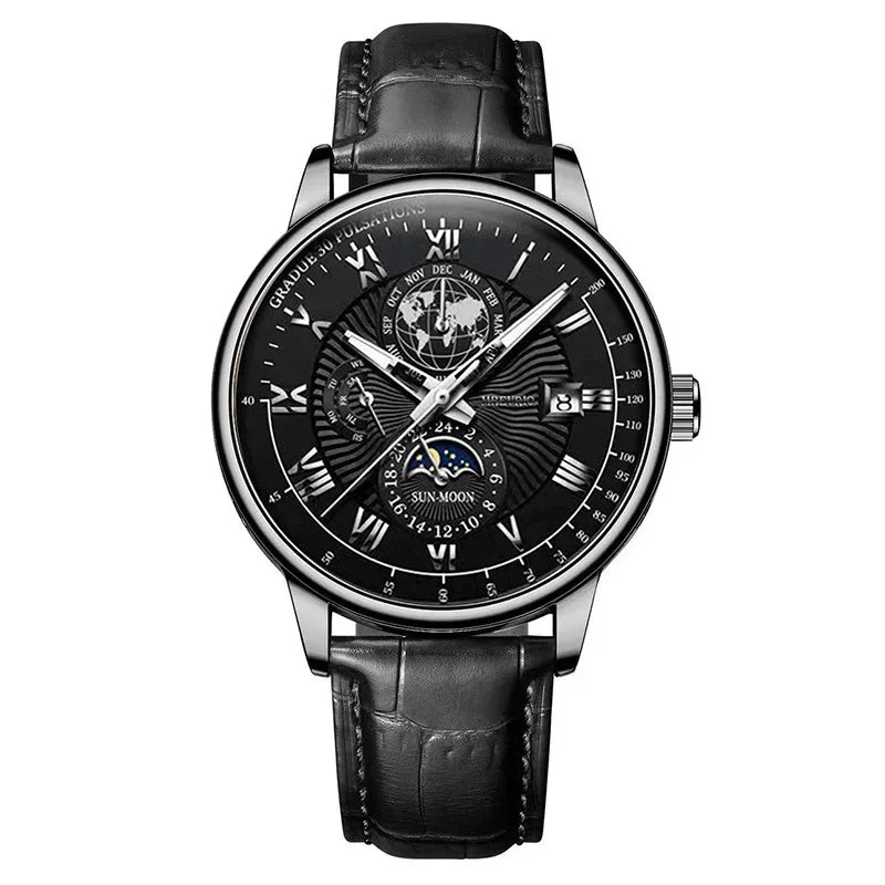 Luxury Man Watch Waterproof Chronograph Moon Phase Pattern Luminous Men's Wristwatch Leather Men Quartz Watches Casual Clock
