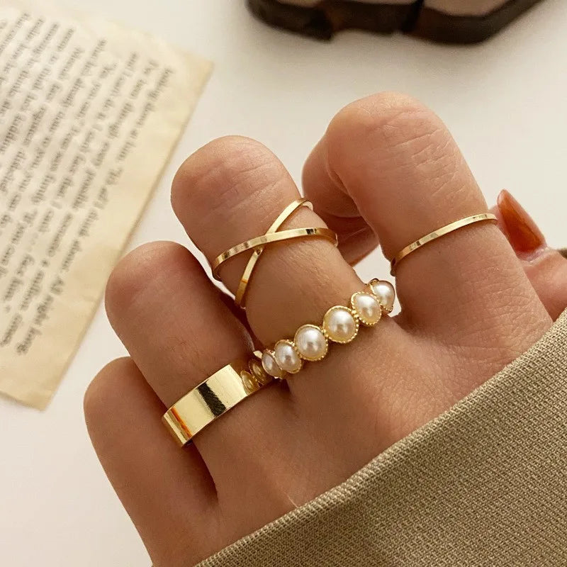 Vintage Korean Gold Silver Color Pearl Rings Set Jewelry For  Girls Butterfly Hollow Heart  Ring For Women Accessories