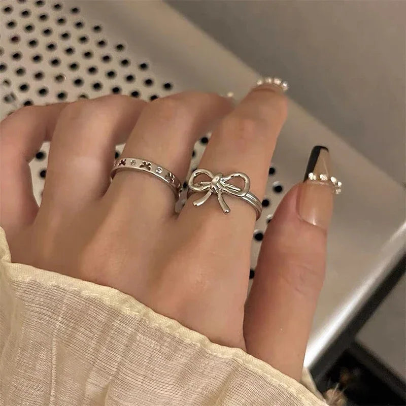 1/7PCS Simple Fashion Retro Bow Adjustable Finger Rings Personality Bowknot Rings Women Jewelry