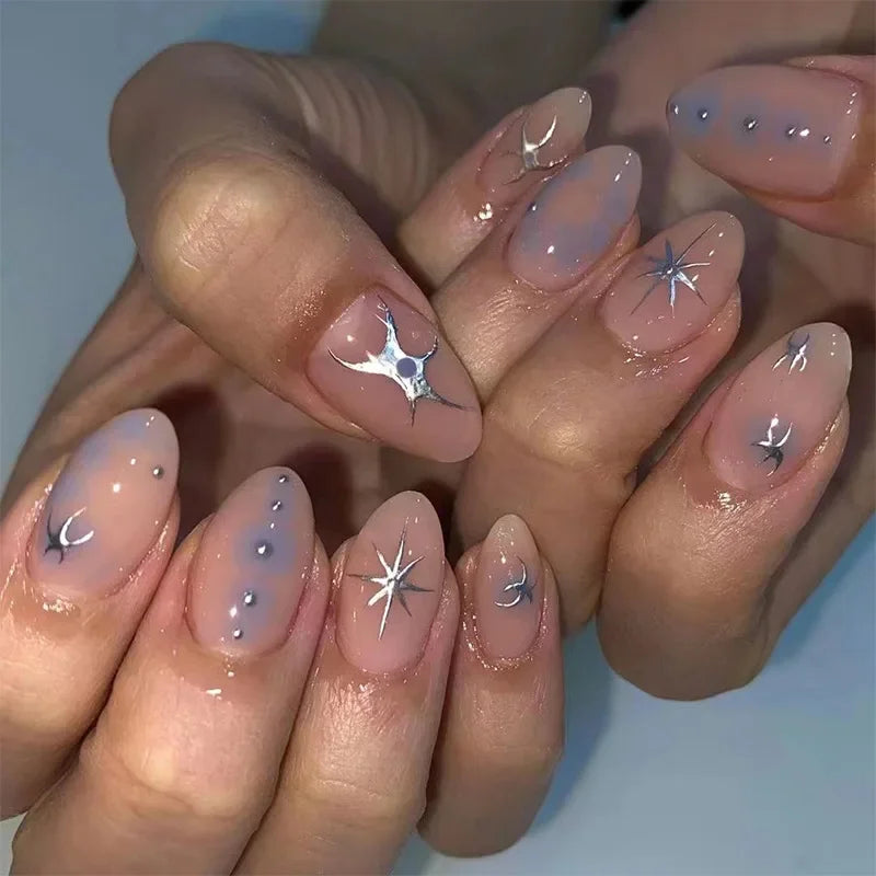 24pcs detachable sweet cool ballet false nails with star y2k designs acrylic press on nails coffin almond fake nails with glue