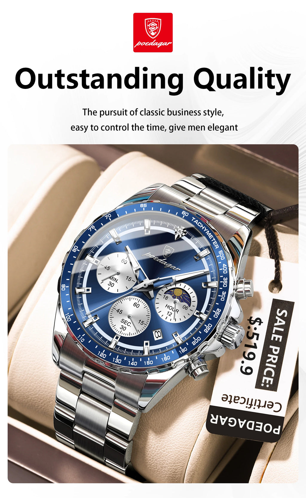 POEDAGAR Luxury Sport Watch For Men Waterproof Luminous Date Chronograph Man Wristwatch Stainless Steel Men's Quartz Watches+Box