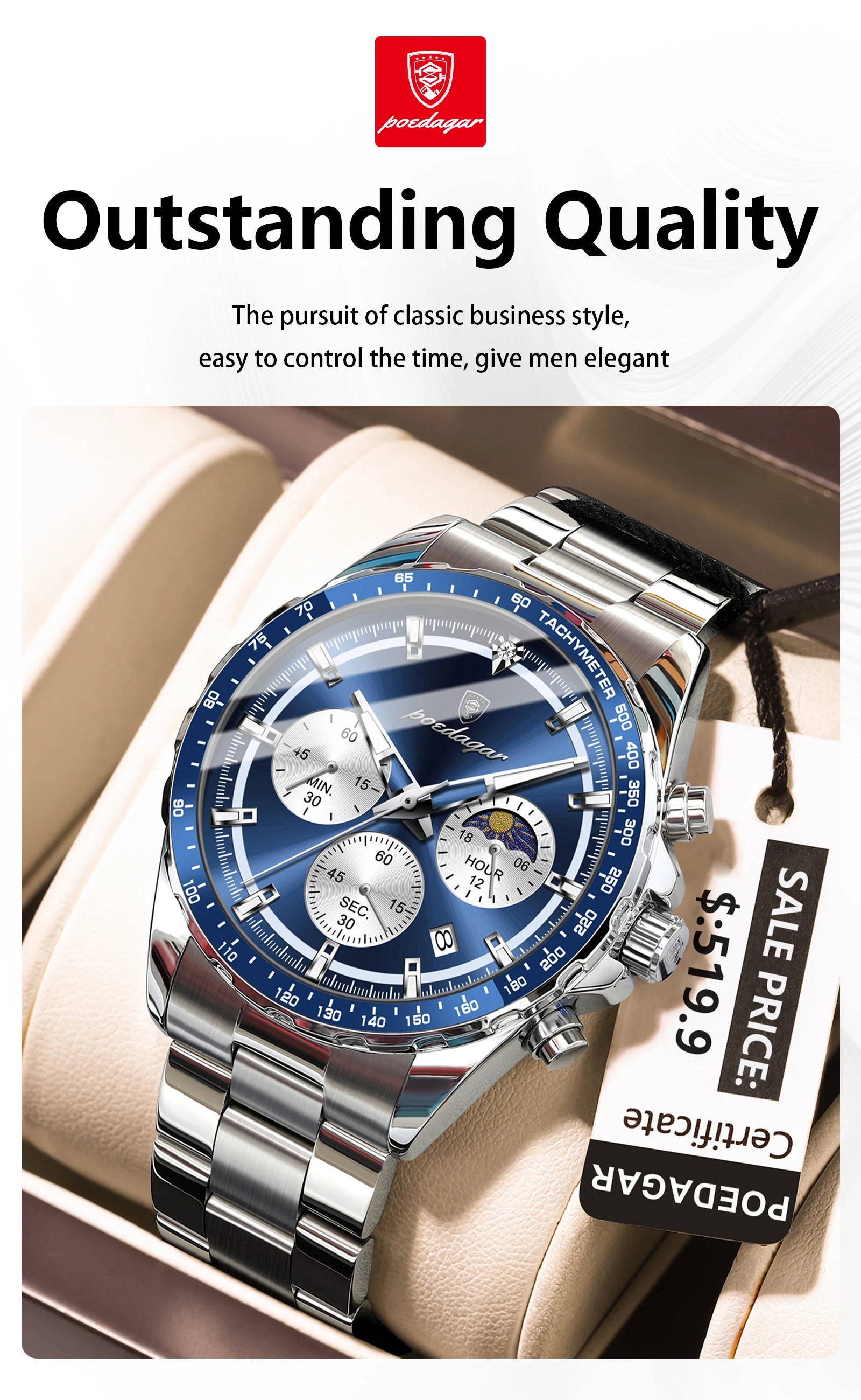 POEDAGAR Luxury Sport Watch For Men Waterproof Luminous Date Chronograph Man Wristwatch Stainless Steel Men's Quartz Watches+Box