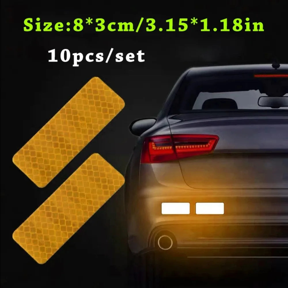 10pcs Car Bumper Reflective Stickers Reflective Warning Strip Tape Secure Reflector Stickers Decals Safety Warning 3*8CM