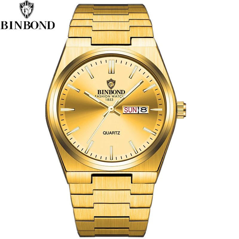 BINBOND Fashion New Men Business Watch Leisure Quartz Stainless Steel Buckle Watches Waterproof Luminous Calendar Men's Watches