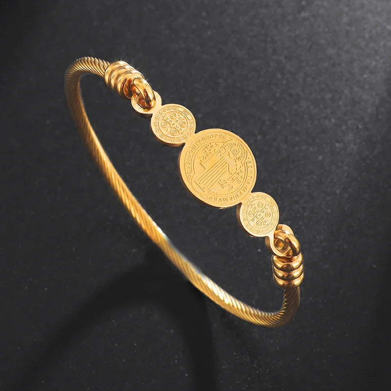 Silver-Plated Lucky Sixpence Pattern Letter Bracelet Men's Cuff Bangles Women's Trendy Charm Jewelry