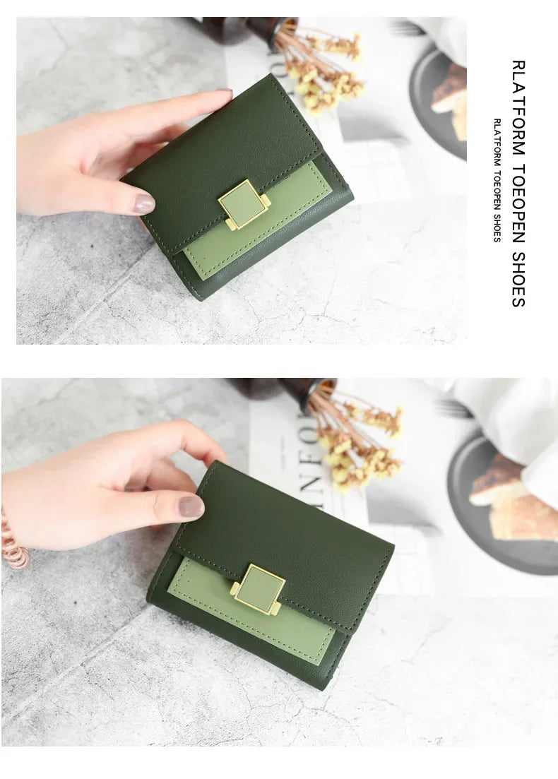 Patchwork Short Women's Wallet Fashion Square Clutch Money Credit Multiple Card Holders Metal Buckle Tri-Fold Ladies Coin Purse