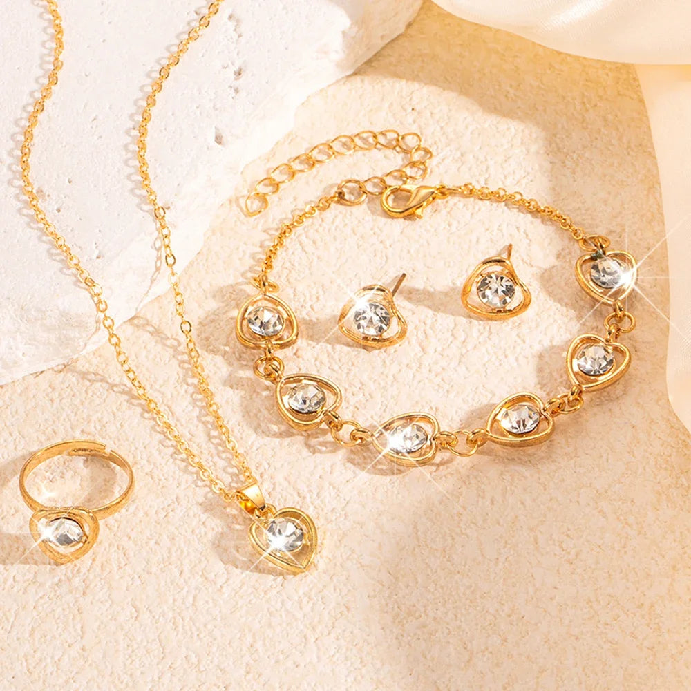 5 Piece Women's Fashion Personalized White Crystal Necklace Bracelet Ring Earring Set Jewelry Accessories