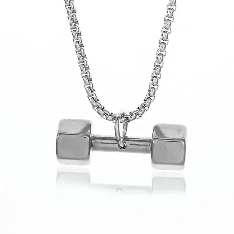 Cool Titanium Steel Dumbbell Pendant Necklace Barbell Fitness Pendant Men and Women Leisure Sports Punk Jewelry