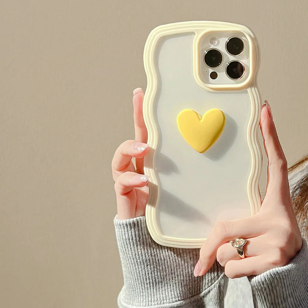 Wave Frame Cover For iPhone 15 11 14 12 13 Pro Max X XR XS Max 7 8 14 15 Plus SE 2020 2022 3D Love Heart Transparent Case Ccover