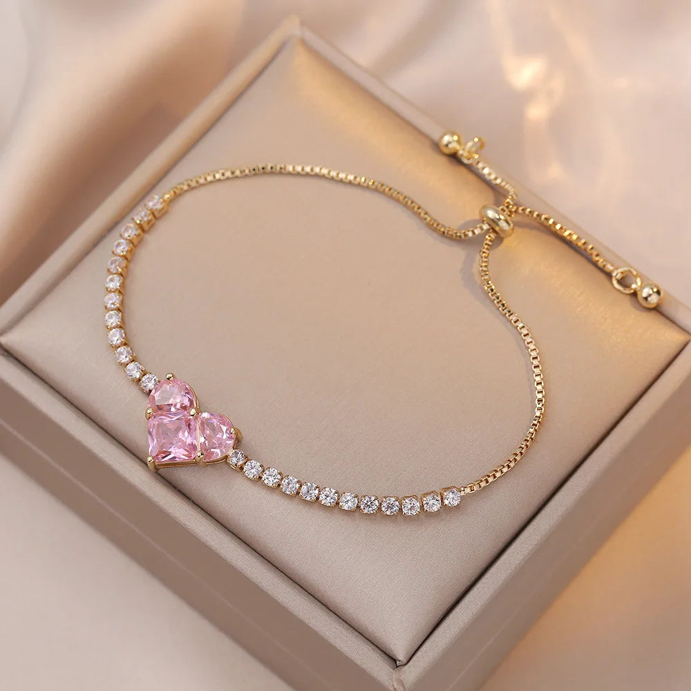 Inlaid Square Zircon Rhinestone Chain Bracelet For Women White Pink Love Heart Bracelets Bangles Wristband Jewelry Gift For Girl