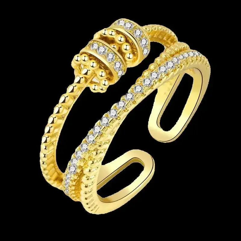 Gold Color Cute Cat Head Chain with Glasses Ring Green Zircon Animal Dog Adjustable Ring Men and Women Hip Hop Trendy Jewelry