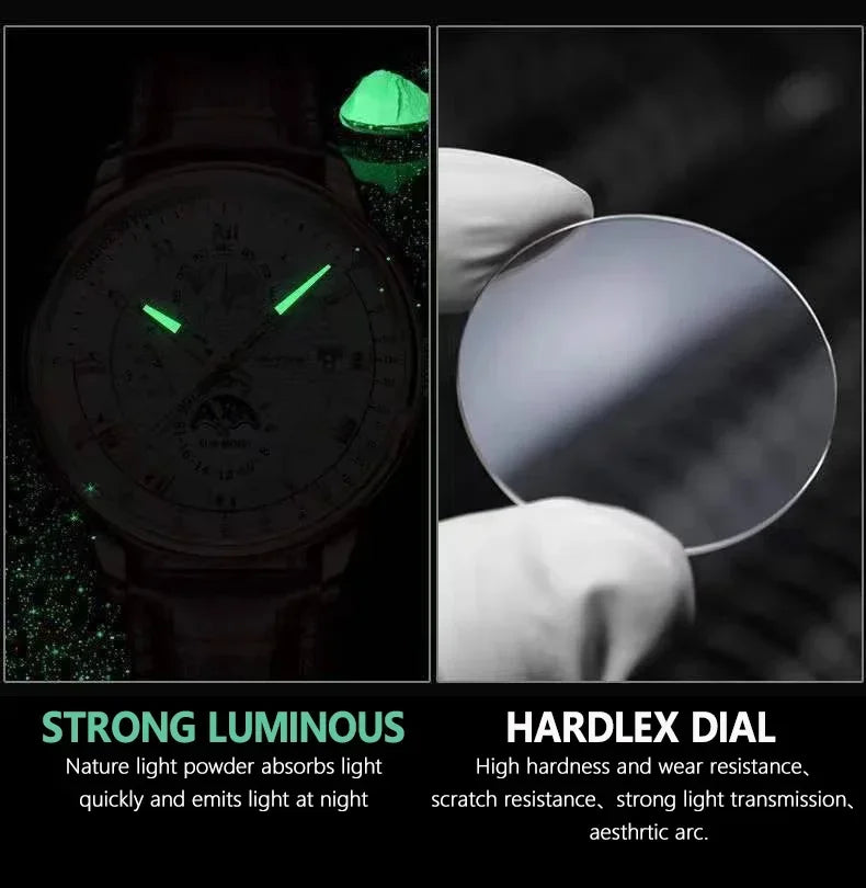 Luxury Man Watch Waterproof Chronograph Moon Phase Pattern Luminous Men's Wristwatch Leather Men Quartz Watches Casual Clock