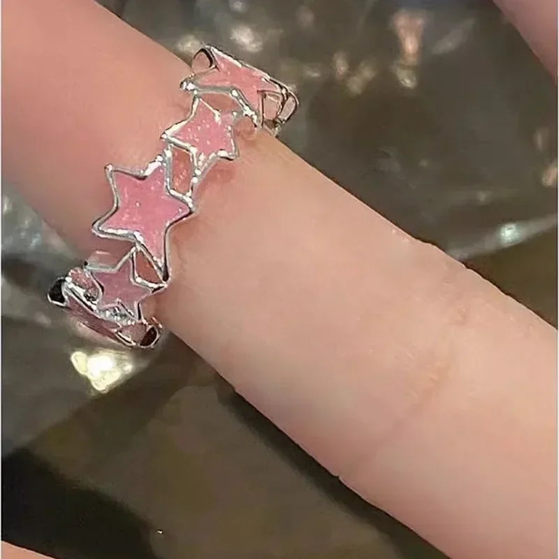 Y2k Irregular Pink Stars Rings Sweet Girls Cute Opening Adjustable Ring Korean Enamel Blue Star Paired Rings Aesthetics Jewelry