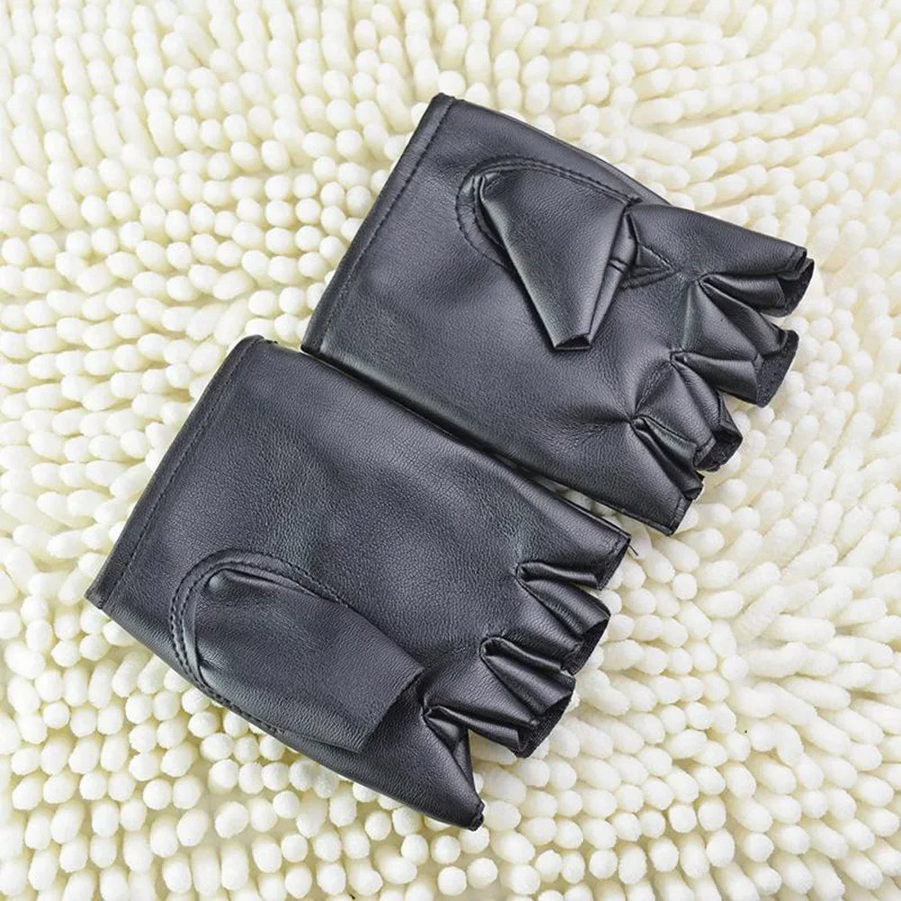 1Pair PU Leather Gloves Outdoor Black Motorcycle Driving Gloves Fingerless Tactical Gloves Hollow Out Half Finger Climbing Glove