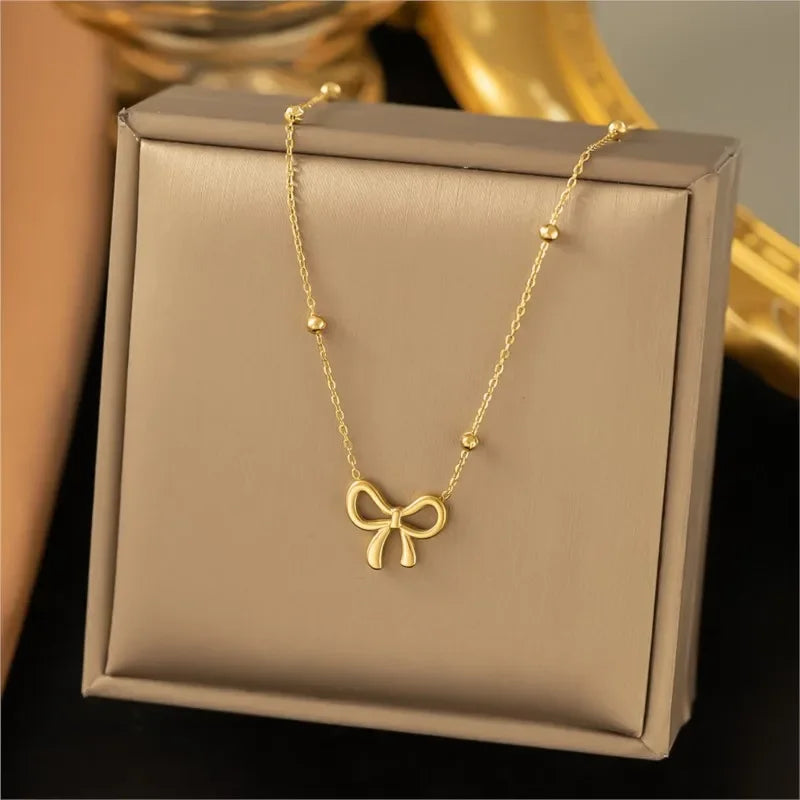 Stainless Steel Beads Chain Hollow Bowknot Pendant Necklace Bracelet for Women Niche Simple Jewery Accessory