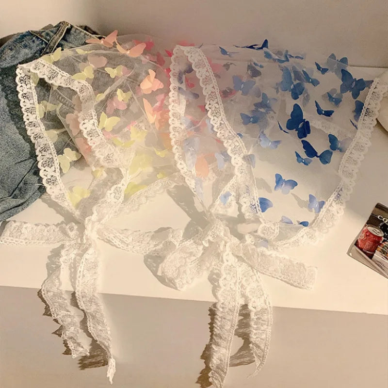 Dopamine Butterfly French Fairy Lace Triangle Headscarf Women's DIY Headwear Mesh Silk Scarf Hairband Summer Beach Accessories