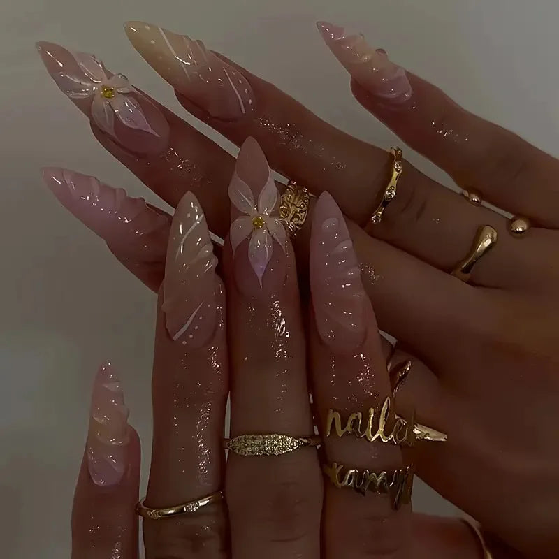 24pcs Mid-length Almond Press on Nails Sets Wearable Gradient Pink Flower Pearl Design False Nail French Fake Nail Finished Tips 1