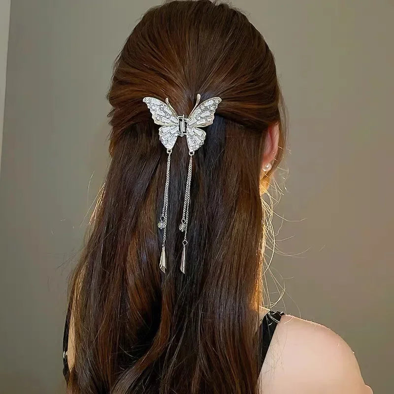 Crystal Butterfly Hair Claw Crab Clip for Women Girls Alloy Tassel Hair Clips Shark Clip Hair Accessories