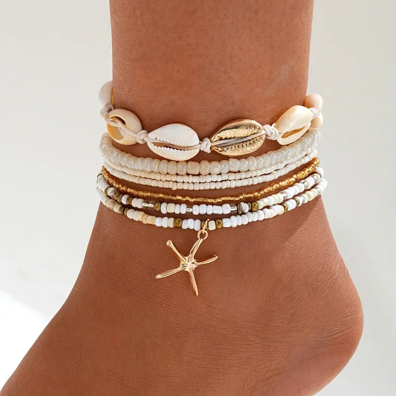 7PC/set Shell Starfish Pendant Rice Beads Beaded Women's Ankle Chain or Bracelet Summer Fashion Multi-layer Vintage Jewelry 도매