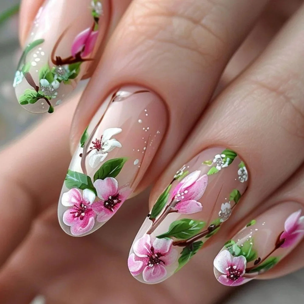 24Pcs Sweet Almond Nails Set Press On Nails Cute Mini Flower False Nail Floral Bow Diamond Full Cover Artificial Nails Art Tips