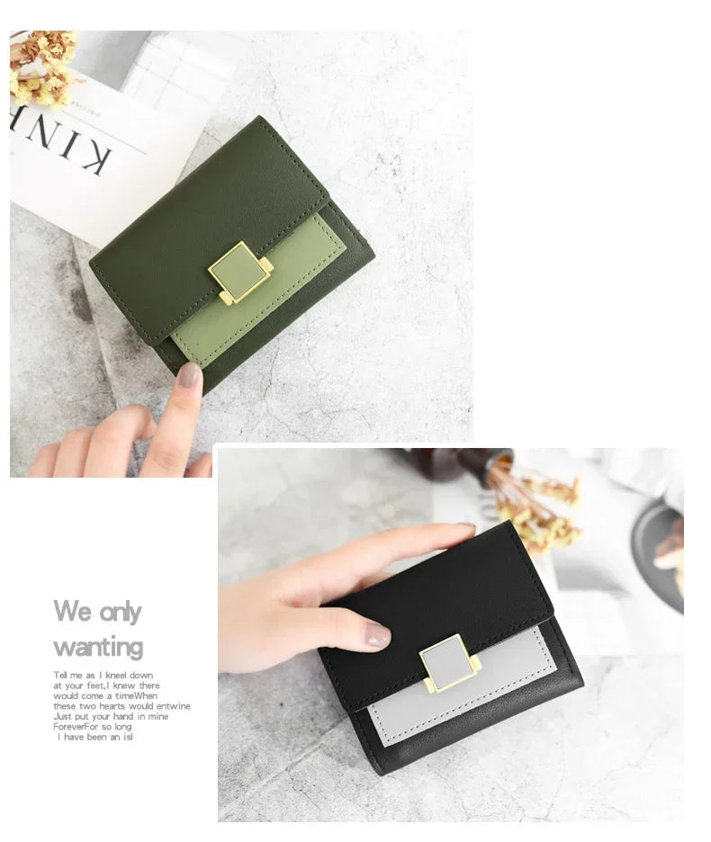 Patchwork Short Women's Wallet Fashion Square Clutch Money Credit Multiple Card Holders Metal Buckle Tri-Fold Ladies Coin Purse