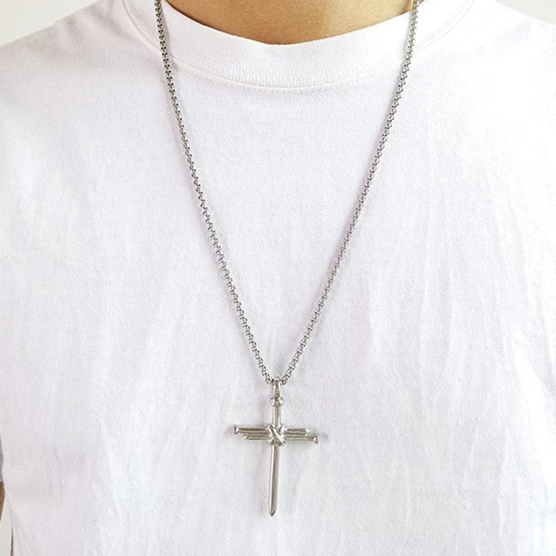 Nail Cross Pendant Necklace For Men Hip Hop Punk Style Silver Color Stainless Steel Chain Christian Church Baptism Party Jewelry