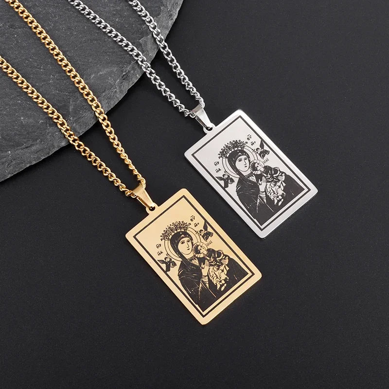 Beautiful Stainless Steel Catholic Virgin Mary Portrait Square Pendant Necklace for Men and Women Religious Catholic Jewelry