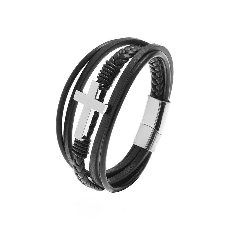 Vintage Hand Woven Eco-Friendly Leather Cross Bracelet with Magnetic Clasp Men\'s Fashion Pendant Religious Amulet Jewelry