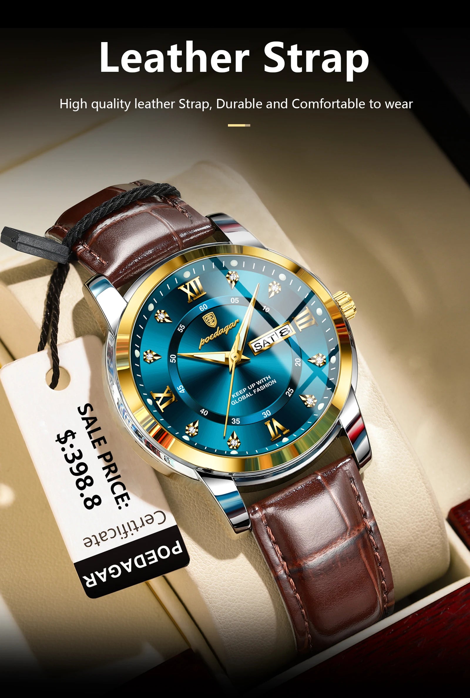 POEDAGAR Luxury Business Men Watch Waterproof Luminous Week Date Man Wristwatch High Quality Leather Sports Men's Quartz Watches