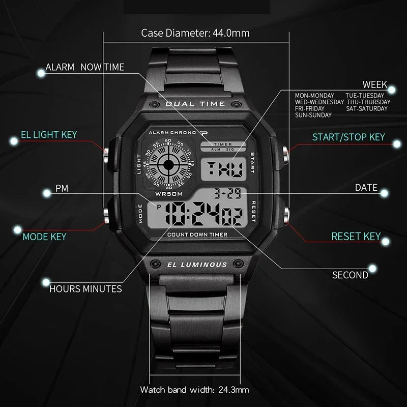 Luxury Stainless Steel Strap Sport Watches Men Practical Digital Watches Waterproof Clock LED Men's Sport Wristwatch