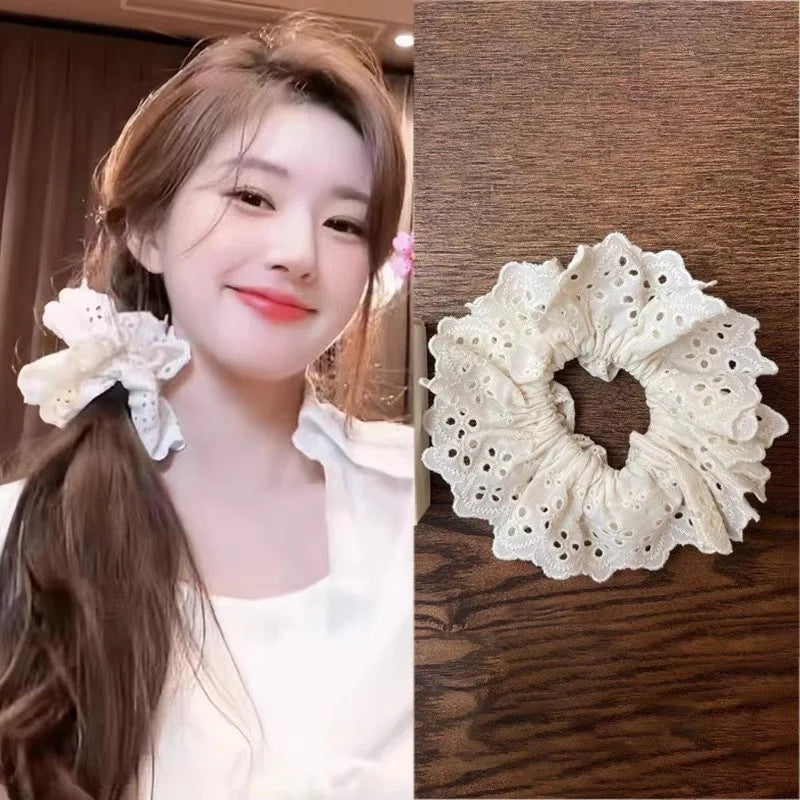 Lace Scrunchies for Women Elastic Hair Bands Ponytail Holders Tie Solid Color Hair Hoop Scrunchy Rubber Bands Women Hair Ring