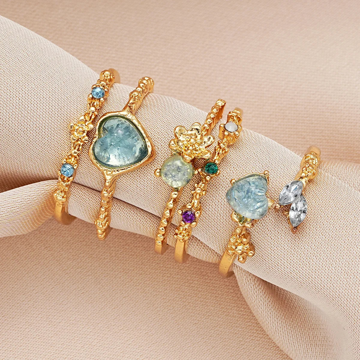 New Y2K Crystal Rings Kpop Heart Adjustable Ring Irregular Geometry Punk Vintage Rings Set for Women Girls 2024 Fashion Jewelry