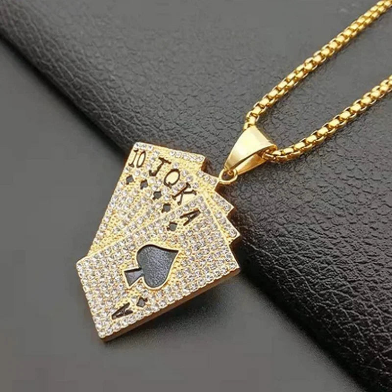 Hip-Hop Iced Out Spades Playing Card Necklace Men\'s Personalized Street Hip-Hop Rock Trend Jewelry Cool Luck Necklace