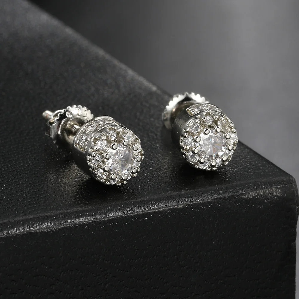 Hippie Iced Out Studs Earrings For Men Punk Silver Color Round Cubic Zirconia Earings Shiny Gold Color Jewelry Gift Male OHE174