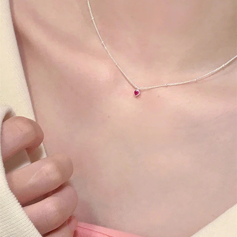 925 Sterling Silver Necklace Pendant For Women Jewelry Love Necklace Small Mini Red Heart Pendant Simple Heart Shaped Collar