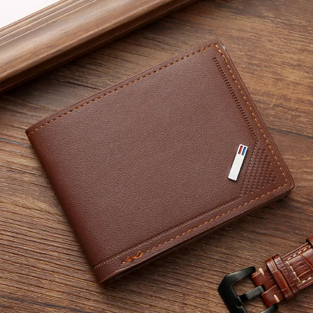 Lychee Texture PU Leather Men's Wallet Short Cash Purse Multi Card Slot Patchwork Card Holder Photo Holder Horizontal Money Clip