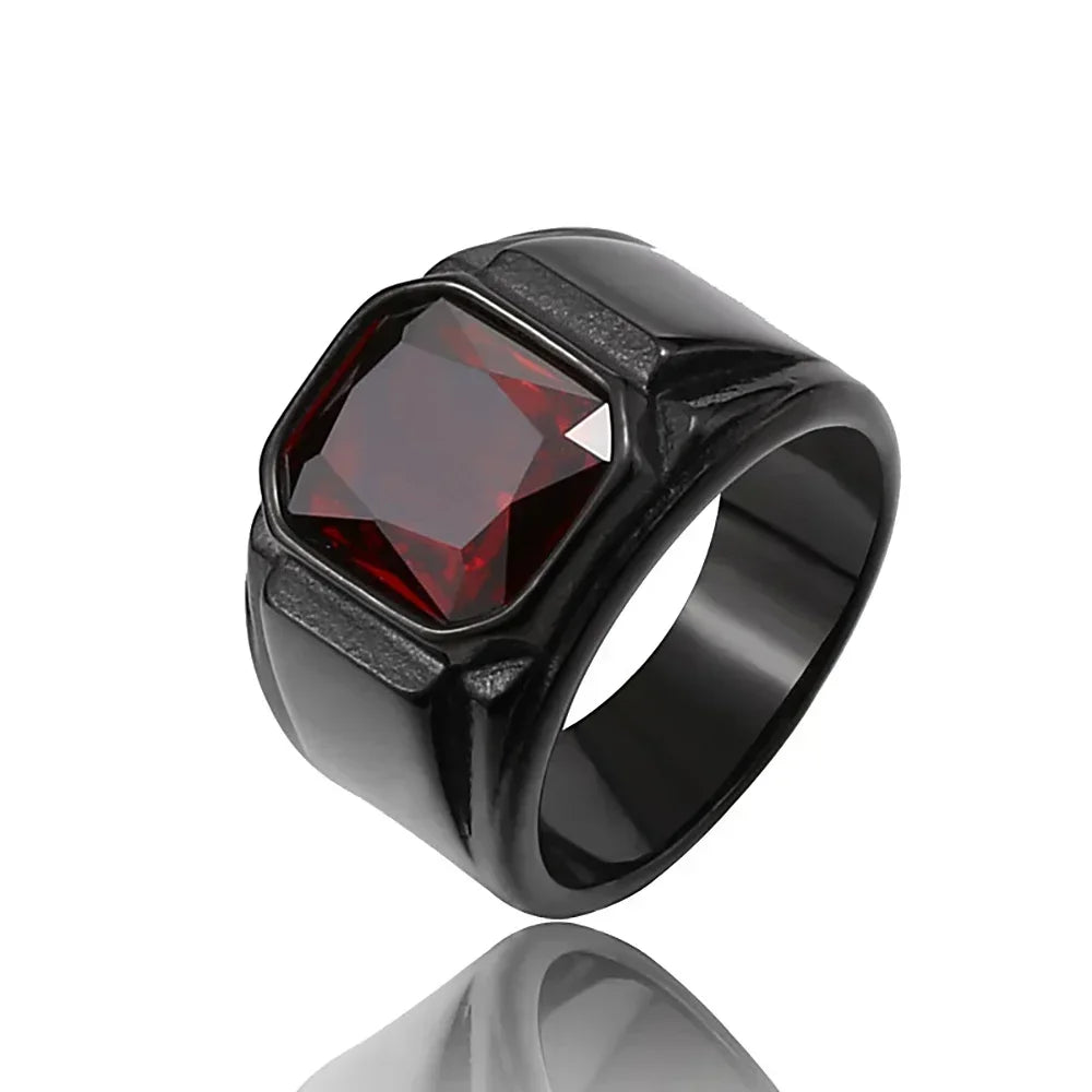 Punk Hip Hop Creative Design Square Black Red Stone Men's Ring Retro Simple 316L Stainless Steel Ring Jewelry Gift Wholesale