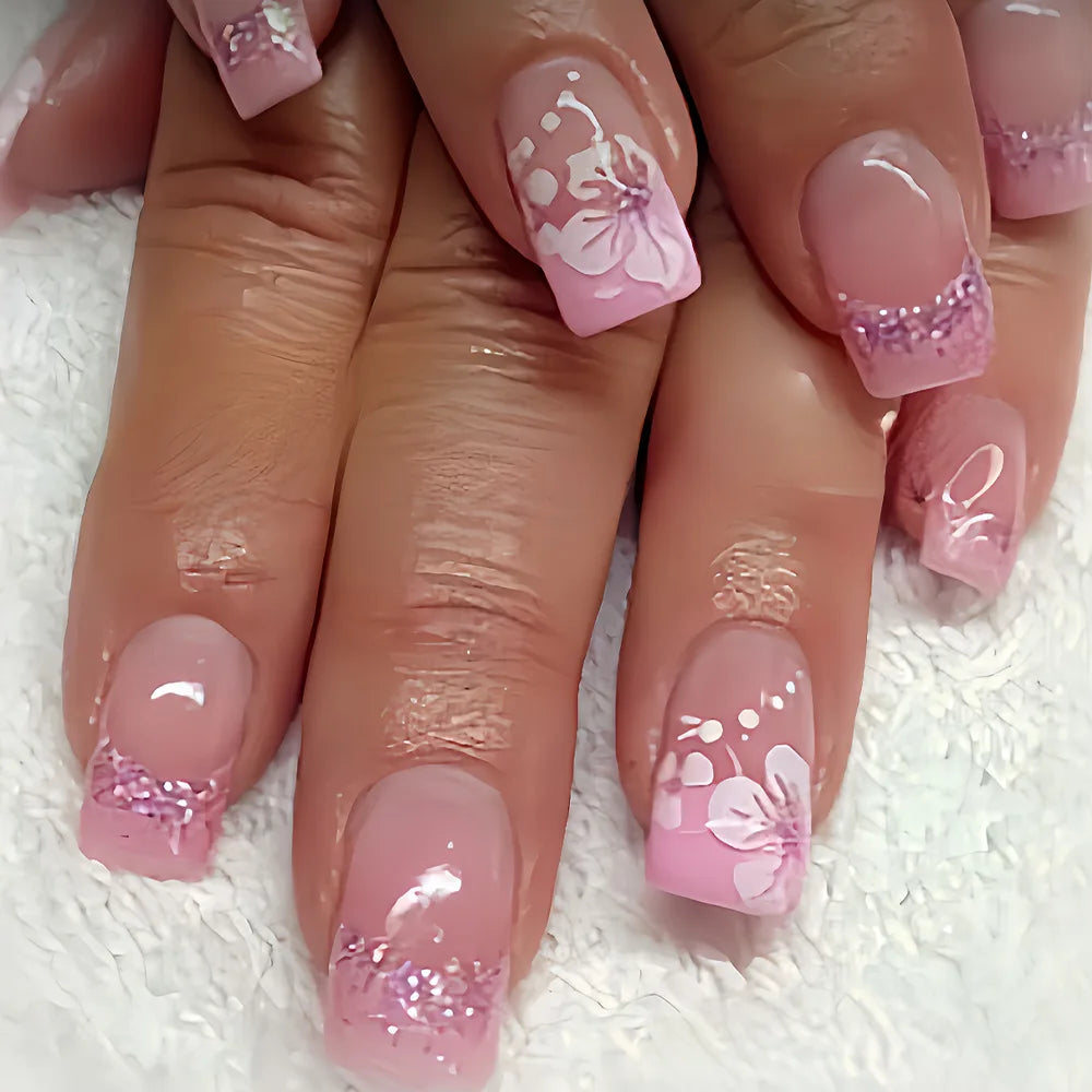 24pcs French Fake Nails Glitter Flower False Nails Short Square Press on Nails White Striped Nail Art for Colorful Spring Summer